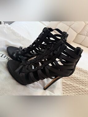 B Brian Atwood Black Strappy Cage Heeled Sandals